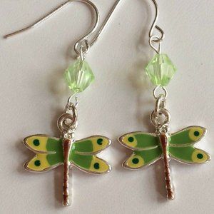 Silver Dragonfly Earrings Yellow Green Pastel